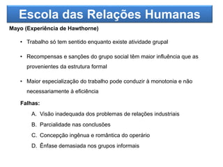 Escola das Relações Humanas
Mayo (Experiência de Hawthorne)
• Trabalho só tem sentido enquanto existe atividade grupal
• Recompensas e sanções do grupo social têm maior influência que as
provenientes da estrutura formal
• Maior especialização do trabalho pode conduzir à monotonia e não
necessariamente à eficiência
Falhas:
A. Visão inadequada dos problemas de relações industriais
B. Parcialidade nas conclusões
C. Concepção ingênua e romântica do operário
D. Ênfase demasiada nos grupos informais
 