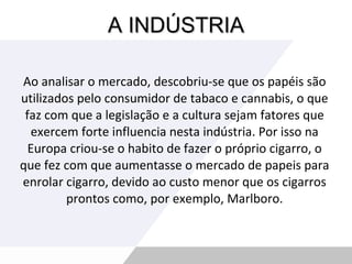 A INDÚSTRIA Ao analisar o mercado, descobriu-se que os papéis são utilizados pelo consumidor de tabaco e cannabis, o que faz com que a legislação e a cultura sejam fatores que exercem forte influencia nesta indústria. Por isso na Europa criou-se o habito de fazer o próprio cigarro, o que fez com que aumentasse o mercado de papeis para enrolar cigarro, devido ao custo menor que os cigarros prontos como, por exemplo, Marlboro. 