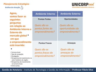 Planejamento Estratégico
   Análise da situação


         Agora,
         vamos fazer as
         seguintes
         perguntas
         em relação ao                       Quais são os       Quais são as
         Ambiente Interno e                  pontos fortes do   oportunidades do
         Externo do                          empreendimento?    empreendimento?
         mercado global *
          em que
         o empreendimento
         está inserido:
          *                                  Quais são os       Quais são as
          • Turismo local;                   pontos fracos do   ameaças do
          • Taxa de ocupação;
          • Divulgação;                      empreendimento?    empreendimento?
          • Perspectiva de investimento no
            setor hoteleiro da região;
          • Perspectivas de investimento
            no turismo local;
          • Entre outras.

Gestão de Hotelaria • Instituto de Tecnologia e Gestão da Informação • Professor Flávio Silva
 
