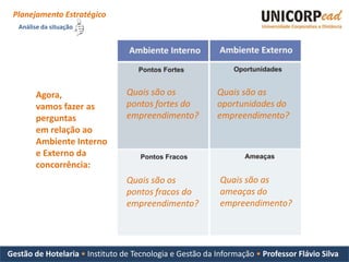 Planejamento Estratégico
   Análise da situação




         Agora,                  Quais são os             Quais são as
         vamos fazer as          pontos fortes do         oportunidades do
         perguntas               empreendimento?          empreendimento?
         em relação ao
         Ambiente Interno
         e Externo da
         concorrência:
                                 Quais são os              Quais são as
                                 pontos fracos do          ameaças do
                                 empreendimento?           empreendimento?




Gestão de Hotelaria • Instituto de Tecnologia e Gestão da Informação • Professor Flávio Silva
 