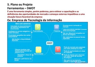 5.	
  Plano	
  ou	
  Projeto	
  	
  
Ferramentas	
  –	
  SWOT	
  
É	
  uma	
  ferramenta	
  simples,	
  porém	
  poderosa,	
  para	
  es/mar	
  a	
  capacitação	
  e	
  as	
  
deﬁciências	
  das	
  oportunidades	
  de	
  mercado	
  e	
  ameaças	
  externas	
  impedi/vas	
  a	
  uma	
  
situação	
  futura	
  favorável	
  da	
  empresa	
  
Ex:	
  Empresa	
  de	
  Tecnologia	
  da	
  Informação	
  
 