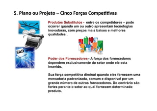 5.	
  Plano	
  ou	
  Projeto	
  –	
  Cinco	
  Forças	
  Compe//vas	
  
                       Produtos Substitutos - entre os competidores – pode
                       ocorrer quando um ou outro apresentam tecnologias
                       inovadoras, com preços mais baixos e melhores
                       qualidades .




                       Poder dos Fornecedores– A força dos fornecedores
                       dependem exclusivamente do setor onde ele esta
                       inserido.

                       Sua força competitiva diminui quando eles fornecem uma
                       mercadoria padronizada, comum e disponível por um
                       grande número de outros fornecedores. Do contrário são
                       fortes perante o setor ao qual fornecem determinado
                       produto.
 