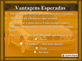 Eduardo Medeiros Lima Vantagens Esperadas  Flexibilidade dirigia pelas demandas regionais Melhoria da eficiência operacional Direcionar a uma nova Visão compreensiva holística, todos juntos remando para o mesmo lado Novo “ foco ” em rentabilidade nos negócios de: Novos  “ Usados”  – Dar mais atenção Peças Serviços 
