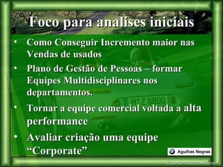 Eduardo Medeiros Lima Foco para analises iniciais Como Conseguir Incremento maior nas Vendas de usados Plano de Gestão de Pessoas – formar Equipes Multidisciplinares nos departamentos. Tornar a equipe comercial voltada a  alta performance Avaliar criação uma equipe “Corporate” 
