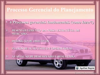 Eduardo Medeiros Lima Processo Gerencial do Planejamento 4 Processos gerenciais fundamentais (como fazer?) DESENVOLVIMENTO  DA NOSSA ESTRATÉGIA DE MERCADO DEFINIÇÃO DE OBJETIVOS PLANOS DE AÇÃO TÁTICO E OPERACIONAL AVALIAÇÃO DE DESEMPENHO E RESULTADO 