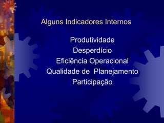 Alguns Indicadores Internos
Produtividade
Desperdício
Eficiência Operacional
Qualidade de Planejamento
Participação
 