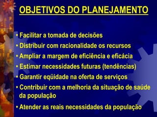 OBJETIVOS DO PLANEJAMENTO
• Facilitar a tomada de decisões
• Distribuir com racionalidade os recursos
• Ampliar a margem de eficiência e eficácia
• Estimar necessidades futuras (tendências)
• Garantir eqüidade na oferta de serviços
• Contribuir com a melhoria da situação de saúde
da população
• Atender as reais necessidades da população
 