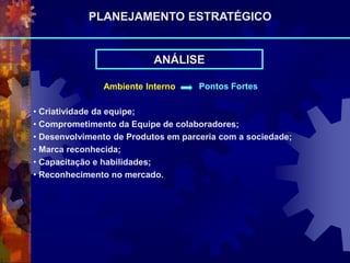 Ambiente Interno Pontos Fortes
• Criatividade da equipe;
• Comprometimento da Equipe de colaboradores;
• Desenvolvimento de Produtos em parceria com a sociedade;
• Marca reconhecida;
• Capacitação e habilidades;
• Reconhecimento no mercado.
ANÁLISE
PLANEJAMENTO ESTRATÉGICO
 