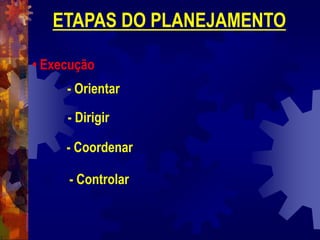 ETAPAS DO PLANEJAMENTO
• Execução
- Orientar
- Dirigir
- Coordenar
- Controlar
 