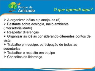 O que aprendi aqui? A organizar idéias e planejá-las (5) Bastante sobre ecologia, meio ambiente (intersetorialidade) Respeitar diferenças Organizar as idéias considerando diferentes pontos de vista Trabalho em equipe, participação de todas as secretarias Trabalhar e respeito em equipe Conceitos de liderança 
