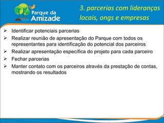 3. parcerias com lideranças locais, ongs e empresas Identificar potenciais parcerias Realizar reunião de apresentação do Parque com todos os representantes para identificação do potencial dos parceiros Realizar apresentação específica do projeto para cada parceiro Fechar parcerias Manter contato com os parceiros através da prestação de contas, mostrando os resultados 