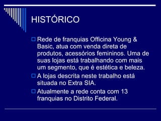 HISTÓRICO Rede de franquias Officina Young & Basic, atua com venda direta de produtos, acessórios femininos. Uma de suas lojas está trabalhando com mais um segmento, que é estética e beleza. A lojas descrita neste trabalho está situada no Extra SIA. Atualmente a rede conta com 13 franquias no Distrito Federal. 
