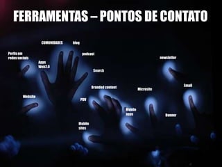 FERRAMENTAS – PONTOS DE CONTATO
                    COMUNIDADES   blog

Perfis em                                podcast
redes sociais                                                                         newsletter
                   Apps
                   Web2.0
                                                Search



                                                                                                   Email
                                               Branded content            Microsite

         Website
                                         PDV

                                                                 Mobile
                                                                 apps                    Banner

                                     Mobile
                                     sites
 