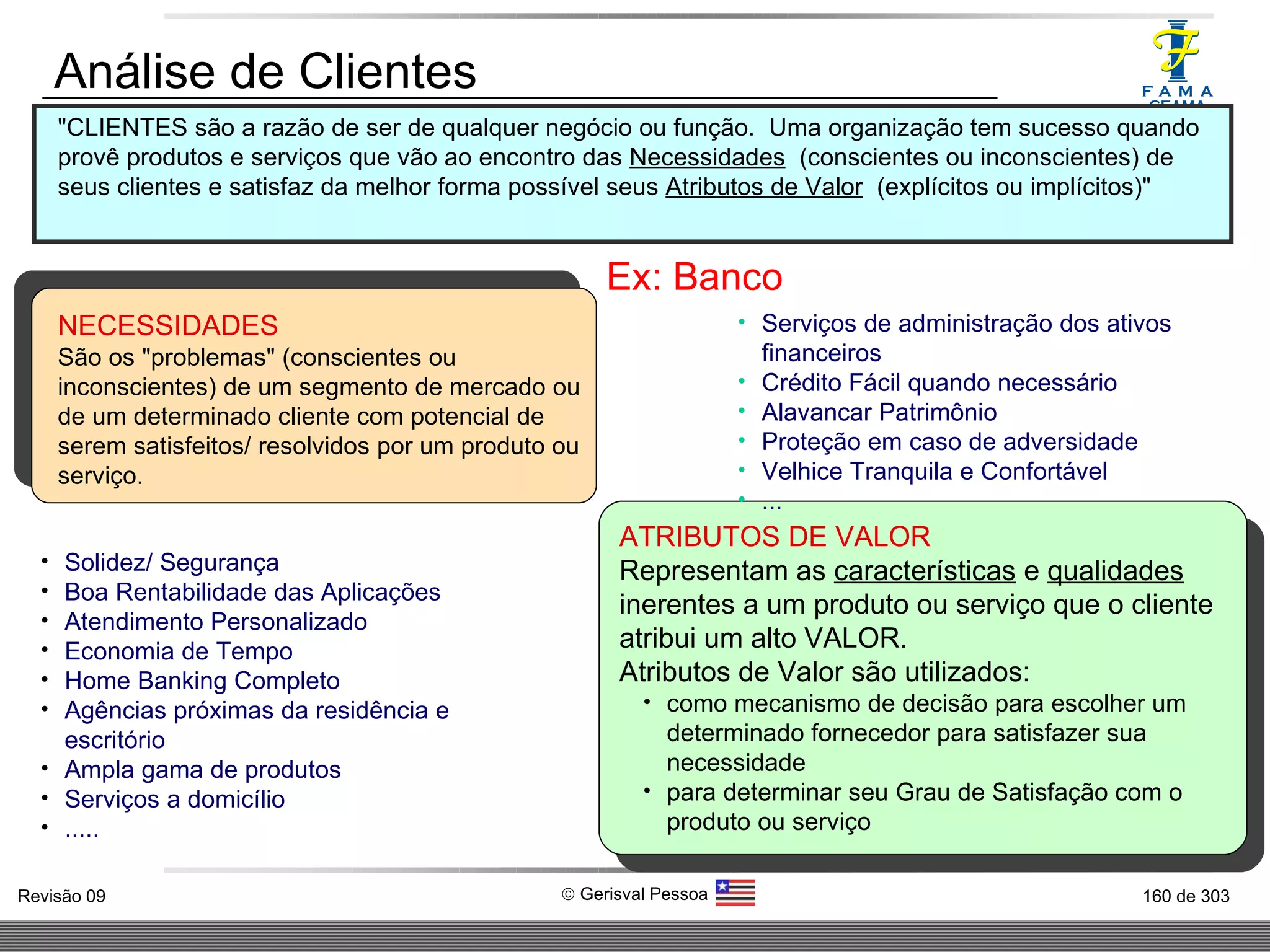 Análise de Clientes "CLIENTES são a razão de ser de qualquer negócio ou função.  Uma organização tem sucesso quando provê produtos e serviços que vão ao encontro das  Necessidades   (conscientes ou inconscientes) de seus clientes e satisfaz da melhor forma possível seus  Atributos de Valor   (explícitos ou implícitos)" NECESSIDADES São os "problemas" (conscientes ou inconscientes) de um segmento de mercado ou de um determinado cliente com potencial de serem satisfeitos/ resolvidos por um produto ou serviço. ATRIBUTOS DE VALOR Representam as  características  e  qualidades  inerentes a um produto ou serviço que o cliente atribui um alto VALOR.  Atributos de Valor são utilizados: como mecanismo de decisão para escolher um determinado fornecedor para satisfazer sua necessidade para determinar seu Grau de Satisfação com o produto ou serviço  Ex: Banco Serviços de administração dos ativos financeiros Crédito Fácil quando necessário Alavancar Patrimônio Proteção em caso de adversidade Velhice Tranquila e Confortável ... Solidez/ Segurança Boa Rentabilidade das Aplicações Atendimento Personalizado Economia de Tempo Home Banking Completo Agências próximas da residência e escritório Ampla gama de produtos Serviços a domicílio ..... 