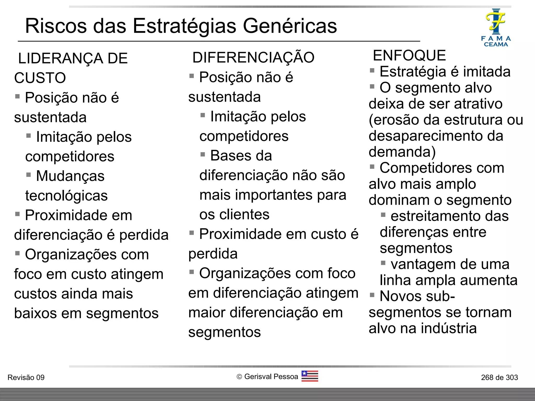 LIDERANÇA DE CUSTO  Posição não é sustentada Imitação pelos competidores Mudanças tecnológicas Proximidade em diferenciação é perdida Organizações com foco em custo atingem custos ainda mais baixos em segmentos Riscos das Estratégias Genéricas DIFERENCIAÇÃO Posição não é sustentada Imitação pelos competidores Bases da diferenciação não são mais importantes para os clientes Proximidade em custo é perdida Organizações com foco em diferenciação atingem maior diferenciação em segmentos ENFOQUE Estratégia é imitada O segmento alvo deixa de ser atrativo (erosão da estrutura ou desaparecimento da demanda) Competidores com alvo mais amplo dominam o segmento estreitamento das diferenças entre segmentos vantagem de uma linha ampla aumenta  Novos sub-segmentos se tornam alvo na indústria 