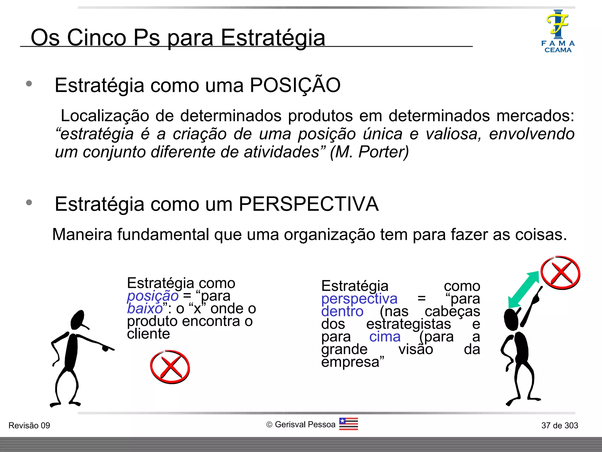 Os Cinco Ps para Estratégia Estratégia como uma POSIÇÃO Localização de determinados produtos em determinados mercados:  “estratégia é a criação de uma posição única e valiosa, envolvendo um conjunto diferente de atividades” (M. Porter) Estratégia como um PERSPECTIVA Maneira fundamental que uma organização tem para fazer as coisas.  Estratégia como  posição  = “para  baixo ”: o “x” onde o produto encontra o cliente Estratégia como  perspectiva  = “para  dentro  (nas cabeças dos estrategistas e para  cima  (para a grande visão da empresa” 