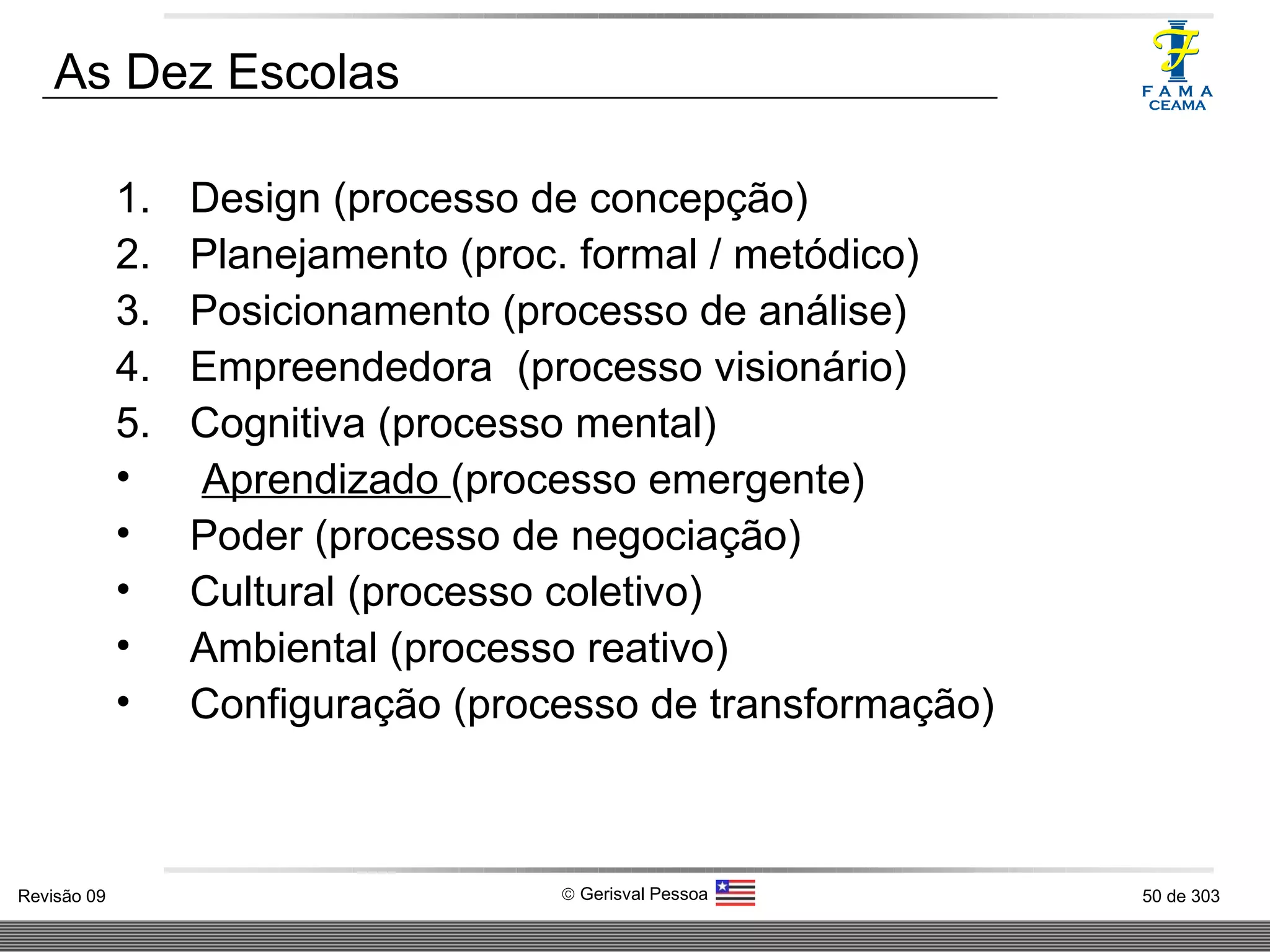 As Dez Escolas  Design (processo de concepção) Planejamento (proc. formal / metódico) Posicionamento (processo de análise) Empreendedora  (processo visionário) Cognitiva (processo mental) Aprendizado  (processo emergente) Poder (processo de negociação) Cultural (processo coletivo) Ambiental (processo reativo) Configuração (processo de transformação) 