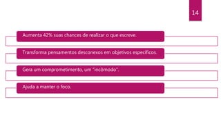 14
Aumenta 42% suas chances de realizar o que escreve.
Transforma pensamentos desconexos em objetivos específicos.
Gera um comprometimento, um “incômodo”.
Ajuda a manter o foco.
 