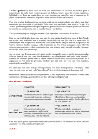 - Nível Operacional: Aqui você irá fazer um levantamento de recursos necessários para a
concretização da meta. Estes recursos podem ser dinheiro, tempo, ajuda de pessoas específicas,
habilidades, etc. Pode ser preciso fazer um novo planejamento específico para o levantamento de
algum recurso se este não estiver disponível ou for muito difícil de ser levantado.

Com este nível de detalhamento de sua meta, você não se sentirá perdido, sem saber o que fazer
exatamente para conquistar o que deseja. Tudo estará bem explicado à sua frente, o "o que" e o
"como" que são um grande dilema para as pessoas, para você será uma simples questão de consultar
novamente seu planejamento para se recordar do que você definiu.

Você pensou na pergunta da página anterior? Qual a principal característica de um líder?

Pode ser que você já saiba disso, mas para mim foi uma grande descoberta ao ouvir de Jack Welch,
em pessoa, num seminário, que a principal característica de um líder não é a capacidade de
comunicação, nem a capacidade de conduzir todos numa mesma direção, mas sim a capacidade de
"ver" o campo de batalha, ou seja, a visão de conjunto que leva à visão estratégica. E isso não vale
somente para uma guerra real ou empresarial, isso vale também para a sua vida pessoal e é por esse
motivo que incluí esse assunto aqui.

Ao ver a sua vida de uma perspectiva mais ampla, enxergando todos os papéis que desempenha,
todas as áreas de sua vida como interdependentes, seu planejamento será muito mais "certeiro".
Estamos em constante guerra contra o tempo, contra as nossas falhas e dificuldades pessoais e é a
capacidade de ver além do problema imediato que fará com que você seja bem sucedido,
conquistando seus objetivos.

Sua tarefa para esta aula é planejar estrategicamente suas metas de um ponto de vista amplo - tente
ver a sua vida como um todo e não "despedaçada" (área profissional, pessoal, financeira, etc).

Outra tarefa será refletir sobre as suas prioridades. Como na próxima aula estaremos falando sobre
administração do tempo, pense sobre o que é de fato importante para você.

Os 4 Níveis de Prioridades

                  URGENTE                                NÃO-URGENTE

                  1º QUADRANTE                           2º QUADRANTE
                  Problemas imediatos e de resolução     Prevenção, planejamento; manutenção;
IMPORTANTE        imprescindível; crises; acidentes;     identificação de novas oportunidades;
                  compromissos com data marcada.         relacionamentos, saúde, família, objetivos
                                                         de vida, sonhos, etc.

                  3º QUADRANTE                           4º QUADRANTE
           Interrupções, telefonemas;                    Detalhes; atividades agradáveis;
    NÃO    correspondência; urgências de                 passatempos; conversas inúteis, atividades
IMPORTANTE terceiros; compromissos com data              que não trarão resultados futuros.
           marcada, mas sem importância.

Com base nesse quadro faça uma reflexão sobre como você utiliza seu tempo no dia-a-dia. Em qual
quadrante você está com maior freqüência?

AULA 7
                                                                                                  9
 