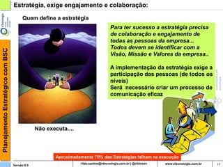 Planejamento Estratégico com BSC   Estratégia, exige engajamento e colaboração:

                                         Quem define a estratégia
                                                                                 Para ter sucesso a estratégia precisa
                                                                                 de colaboração e engajamento de
                                                                                 todas as pessoas da empresa...
                                                                                 Todos devem se identificar com a
                                                                                 Visão, Missão e Valores da empresa..

                                                                                 A implementação da estratégia exige a
                                                                                 participação das pessoas (de todos os
                                                                                 níveis)
                                                                                 Será necessário criar um processo de
                                                                                 comunicação eficaz




                                                Não executa....




                                                        Aproximadamente 70% das Estratégias falham na execução
                                   Versão 6.0                             rildosan@uol.com.br                            17
 