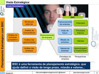 Visão Estratégica:
                                    Visão Estratégica:
Planejamento Estratégico com BSC



                                                                                                               BSC

                                                         Mudanças                               Posicionamento
                                                                                                                      Financeiro
                                                         externas                                da empresa


                                                      Análise da                                   Visão de           Processos
                                                     Concorrência                                   futuro             Internos
                                      Análise do                       Direcionamento
                                       ambiente                          da empresa
                                      competitivo     Análise das                                 Missão da
                                                                                                                       Clientes
                                                     oportunidades                                empresa


                                                         Análise das                              Valores da     Aprendizagem
                                                          ameaças                                  empresa       e Crescimento


                                                                                                 Estratégia da       Perspectivas
                                                                                                   empresa

                                            BSC é uma ferramenta de planejamento estratégico, que
                                            ajuda definir a visão de longo prazo, missão e valores...
                                   Versão 6.0                             rildosan@uol.com.br                                       20
 