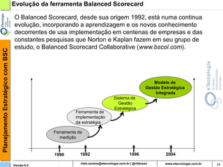 Planejamento Estratégico com BSC   Evolução da ferramenta Balanced Scorecard

                                   O Balanced Scorecard, desde sua origem 1992, está numa continua
                                   evolução, incorporando a aprendizagem e os novos conhecimento
                                   decorrentes de usa implementação em centenas de empresas e das
                                   constantes pesquisas que Norton e Kaplan fazem em seu grupo de
                                   estudo, o Balanced Scorecard Collaborative (www.bscol.com).




                                                                                                   Modelo de
                                                                                                Gestão Estratégica
                                                                                                    Integrada
                                                                            Sistema de
                                                                              Gestão
                                                                            Estratégica
                                                          Ferramenta de
                                                          implementação
                                                          da estratégia

                                                Ferramenta de
                                                   medição


                                                1990        1992                         1996            2004

                                   Versão 6.0                      rildosan@uol.com.br                               24
 