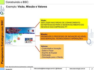 Planejamento Estratégico com BSC   Construindo o BSC:
                                    Exemplo: Visão, Missão e Valores




                                                                                          Visão:
                                                                                          SER LÍDER NAS ÁREAS DE CONHECIMENTO
                                                                                          ESTRATÉGICAS PARA O DESENVOLVIMENTO DO
                                                                                          NEGÓCIO DAS EMPRESAS PT



                                                                                          Missão:
                                                                                          PROMOVER O PROCESSO DE INOVAÇÃO AO NÍVEL
                                                                                          DOS SERVIÇOS, TECNOLOGIAS E OPERAÇÕES



                                                                                          Valores:
                                                                                          - Criatividade e Inovação
                                                                                          - Saber e Fazer
                                                                                          - Espírito de Equipe
                                                                                          - Dedicação
                                                                                          - Orientação para o Cliente




                                   Fonte: http://www.ptinovacao.pt/empresa/v_missao.htm

                                   Versão 6.0                                             rildosan@uol.com.br                        27
 