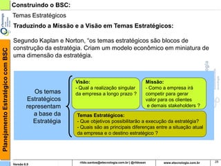 Planejamento Estratégico com BSC   Construindo o BSC:
                                   Temas Estratégicos
                                   Traduzindo a Missão e a Visão em Temas Estratégicos:

                                   Segundo Kaplan e Norton, “os temas estratégicos são blocos de
                                   construção da estratégia. Criam um modelo econômico em miniatura de
                                   uma dimensão da estratégia.



                                                          Visão:                          Missão:
                                                          - Qual a realização singular    - Como a empresa irá
                                              Os temas    da empresa a longo prazo ?      competir para gerar
                                           Estratégicos                                   valor para os clientes
                                           representam                                     e demais stakeholders ?
                                              a base da   Temas Estratégicos:
                                             Estratégia   - Que objetivos possibilitarão a execução da estratégia?
                                                          - Quais são as principais diferenças entre a situação atual
                                                          da empresa e o destino estratégico ?




                                                                                                                        28
                                   Versão 6.0                      rildosan@uol.com.br
 