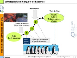 Planejamento Estratégico com BSC   Estratégia: É um Conjunto de Escolhas

                                                                         Alinhamento
                                                                                                      Visão de futuro

                                                                                                       Amanhã
                                                                                                       (futuro)
                                                                                                    Onde queremos
                                                                                                       chegar
                                                                                3
                                                 Tomada de decisão:
                                                É a escolha do caminho

                                                                          2

                                                                1
                                             Hoje
                                         Onde estamos
                                                              Visão        Ações que transformam
                                                              Missão       e ajudam a chegar lá
                                                              Valores




                                   Versão 6.0                                 rildosan@uol.com.br                       7
 