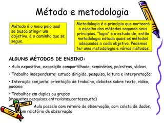 Método e metodologia
Método é o meio pelo qual
se busca atingir um
objetivo, é o caminho que se
segue.
Metodologia é o princípio que norteará
a escolha dos métodos segundo seus
príncípios. “logia” é o estudo de, então
metodologia estuda quais os métodos
adequados a cada objetivo. Podemos
ter uma metodologia e vários métodos.
ALGUNS MÉTODOS DE ENSINO:
• Aula expositiva, exposição compartilhada, seminários, palestras, vídeos,
• Trabalho independente: estudo dirigido, pesquisa, leitura e interpretação;
• Interação conjunta: orientação de trabalho, debates sobre texto, video,
passeio
• Trabalhos em duplas ou grupos
(maquetes,pesquisas,entrevistas,cartazes,etc)
• Aula passeio com roteiro de observação, com coleta de dados,
com relatório de observação
 