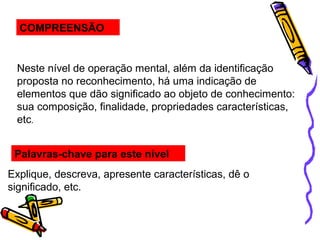 COMPREENSÃO
Neste nível de operação mental, além da identificação
proposta no reconhecimento, há uma indicação de
elementos que dão significado ao objeto de conhecimento:
sua composição, finalidade, propriedades características,
etc.
Palavras-chave para este nível
Explique, descreva, apresente características, dê o
significado, etc.
 