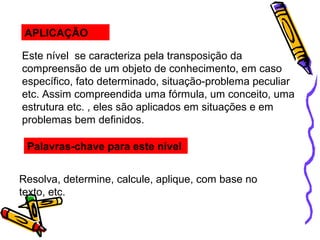 APLICAÇÃO
Este nível se caracteriza pela transposição da
compreensão de um objeto de conhecimento, em caso
específico, fato determinado, situação-problema peculiar
etc. Assim compreendida uma fórmula, um conceito, uma
estrutura etc. , eles são aplicados em situações e em
problemas bem definidos.
Palavras-chave para este nível
Resolva, determine, calcule, aplique, com base no
texto, etc.
 