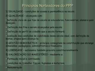Princípios Norteadores do PPPPrincípios Norteadores do PPP
1) IGUALDADE – condições de acesso e permanência na escola
2) QUALIDADE – alcançada com:
•Definição clara de que tipo de escola os educadores, funcionários, alunos e pais
desejam;
• Definição dos fins a serem alcançados pela escola;
• Definição do perfil de cidadão que a escola formará;
• avaliação das condições de viabilidade dessa escola ideal, com definição de
metas, etapas para alcança-la;
3) GESTÃO DEMOCRÁTICA – princípio consagrado na constituição que abrange
dimensões: pedagógica, administrativa e financeira;
4) LIBERDADE – autonomia também prevista constitucionalmente
5) VALORIZAÇÃO DO MAGISTÉRIO – mediante a:
• Formação inicial e continuada;
• condições de trabalho: fisicos, humanos e materiais;
• Remuneração
 