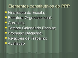 Elementos constitutívos do PPPElementos constitutívos do PPP
Finalidade da Escola;Finalidade da Escola;
Estrutura Organizacional;Estrutura Organizacional;
Currículo;Currículo;
Tempo/ Calendário Escolar;Tempo/ Calendário Escolar;
Processo Decisório;Processo Decisório;
Relações de Trabalho;Relações de Trabalho;
AvaliaçãoAvaliação
 