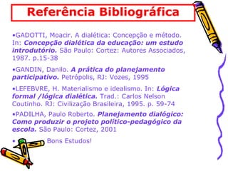 Referência Bibliográfica
•GADOTTI, Moacir. A dialética: Concepção e método.
In: Concepção dialética da educação: um estudo
introdutório. São Paulo: Cortez: Autores Associados,
1987. p.15-38
•GANDIN, Danilo. A prática do planejamento
participativo. Petrópolis, RJ: Vozes, 1995
•LEFEBVRE, H. Materialismo e idealismo. In: Lógica
formal /lógica dialética. Trad.: Carlos Nelson
Coutinho. RJ: Civilização Brasileira, 1995. p. 59-74
•PADILHA, Paulo Roberto. Planejamento dialógico:
Como produzir o projeto político-pedagógico da
escola. São Paulo: Cortez, 2001
• Bons Estudos!
 