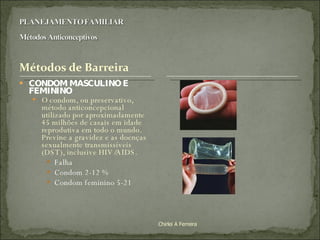 CONDOM MASCULINO E FEMININO O condom, ou preservativo, método anticoncepcional utilizado por aproximadamente 45 milhões de casais em idade reprodutiva em todo o mundo. Previne a gravidez e as doenças sexualmente transmissíveis (DST), inclusive HIV/AIDS.  Falha Condom 2-12 % Condom feminino 5-21 Chirlei A Ferreira 