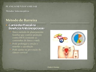Camisinha Masculina: Benefícios Anticoncepcionais Único método de planejamento familiar que confere proteção contra DSTs (somente as camisinhas de látex e vinil) Pode prolongar a ereção e retardar a ejaculação Pode ajudar na prevenção do câncer cervical Chirlei A Ferreira 