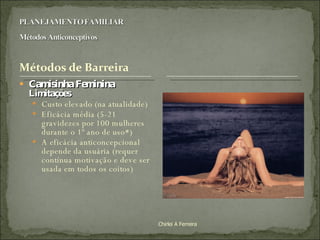 Camisinha Feminina  Limitações Custo elevado (na atualidade) Eficácia média (5-21 gravidezes por 100 mulheres durante o 1º ano de uso*) A eficácia anticoncepcional depende da usuária (requer contínua motivação e deve ser usada em todos os coitos) Chirlei A Ferreira 