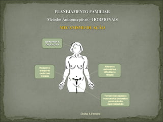 Chirlei A Ferreira SUPRIMEM A OVULAÇÃO Reduzem o transporte ovular nas trompas Alteram o endométrio e dificultam a nidação Tornam mais espesso o muco cervical (evitando a penetração dos espermatozóides 