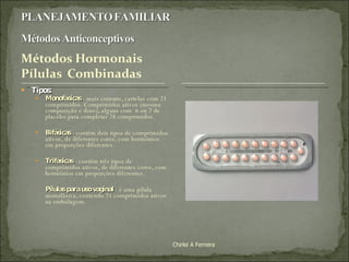 Tipos: Monofásicas  - mais comuns, cartelas com 21 comprimidos. Comprimidos ativos (mesma composição e dose), alguns com  6 ou 7 de placebo para completar 28 comprimidos  Bifásicas   - contêm dois tipos de comprimidos ativos, de diferentes cores, com hormônios em proporções diferentes.  Trifásicas  - contêm três tipos de comprimidos ativos, de diferentes cores, com hormônios em proporções diferentes.  Pílulas para uso vaginal   - é uma pílula monofásica, contendo 21 comprimidos ativos na embalagem.  Chirlei A Ferreira 