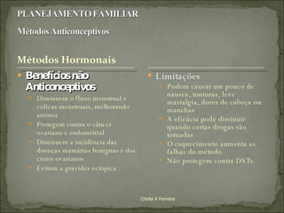 Benefícios não Anticonceptivos Diminuem o fluxo menstrual e cólicas menstruais, melhorando anemia Protegem contra o câncer ovariano e endometrial Diminuem a incidência das doenças mamárias benignas e dos cistos ovarianos Evitam a gravidez ectópica Limitações Podem causar um pouco de náusea, tonturas, leve mastalgia, dores de cabeça ou manchas A eficácia pode diminuir quando certas drogas são tomadas O esquecimento aumenta as falhas do método Não protegem contra DSTs Chirlei A Ferreira 