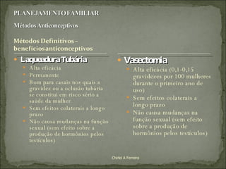 Laqueadura Tubária Alta eficácia  Permanente Bom para casais nos quais a gravidez ou a oclusão tubária se constitui em risco sério a saúde da mulher Sem efeitos colaterais a longo prazo Não causa mudanças na função sexual (sem efeito sobre a produção de hormônios pelos testículos) Vasectomia Alta eficácia (0,1-0,15 gravidezes por 100 mulheres durante o primeiro ano de uso) Sem efeitos colaterais a longo prazo Não causa mudanças na função sexual (sem efeito sobre a produção de hormônios pelos testículos) Chirlei A Ferreira 