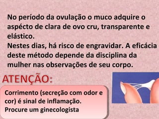 No período da ovulação o muco adquire o aspécto de clara de ovo cru, transparente e elástico. Nestes dias, há risco de engravidar. A eficácia deste método depende da disciplina da mulher nas observações de seu corpo. Corrimento (secreção com odor e cor) é sinal de inflamação. Procure um ginecologista 