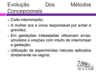 Evolução Dos Métodos
Concepcionais
 Coito interrompido;
 A mulher era a única responsável por evitar a
gravidez;
 Em gestações indesejadas utilizavam ervas,
amuletos e orações com intuito de interromper
a gestação;
 Utilização de espermicidas naturais aplicados
diretamente na vagina;
 