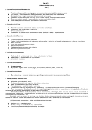 FASE I
                                                               Ribeirão Branco
                                                                     2011
A Educação Infantil é importante por que:

    •     Propicia a utilização de diferentes linguagens, como a corporal, a musical, a plástica, a oral e a escrita
    •     Faz com que a criança desenvolva uma imagem positiva de si mesma e seja mais independente
    •     Ensina a conhecer o próprio corpo e os hábitos de cuidado com a saúde
    •     Estabelece vínculos afetivos e de troca com adultos e outras crianças, fortalecendo a auto-estima
    •     Desenvolve atitudes de ajuda e colaboração, bem como o respeito à diversidade
    •     Estimula a expressão de emoções, pensamentos e necessidades

A Educação Infantil Visa:

    •     Transmitir e perpetuar conhecimento de todos os envolvidos na instituição;
    •     Refletir sobre esse conhecimento e examiná-lo;
    •     Criar, inventar e inovar;
    •     Estar sempre em sintonia com os acontecimentos, isto é, atualizada e aberta a novas invenções;

A Educação Infantil Favorece:

    •     O desenvolvimento do processo de autonomia;
    •     A ação, interferindo adequadamente no processo de desencadear o raciocínio, na busca de soluções para os problemas encontrados;
    •     A livre expressão;
    •     A interação, a discussão, a argumentação;
    •     A troca de experiências;
    •     A adaptação da criança ao seu meio ambiente;
    •     A motivação para a aprendizagem;

A Educação Infantil Possibilita:

    •     A valorização do que a criança já sabe e do que puder descobrir por si só;
    •     A afetividade e o profissionalismo do corpo docente;
    •     Um ambiente prazeroso;

A Educação Infantil Estimula:

    •     Ações corporais;
    •     Ações sobre objetos: tocar, levantar, jogar, chutar, cheirar, saborear, olhar, escutar etc;

A Educação Infantil Almeja:

    •     Que cada criança e professor realizem sua aprendizagem e conquistem seu sucesso com qualidade

A Educação Infantil tem como base:

    •     A realidade sócio-cultural dos alunos;
    •     As áreas do desenvolvimento (cognitivo, sócio afetivo e psicomotor);
    •     Áreas do conhecimento e seus objetos de estudo;
    •     Formação pessoal e social: Identidade e Autonomia;
    •     Conhecimento do Mundo: Movimento, Música, Artes Visuais, Linguagem Oral e Escrita, Natureza e Sociedade, Matemática.
          Todos esses aspectos são articulados através de uma prática pedagógica interdisciplinar, buscando sempre a integração das atividades,de
forma que não haja perda do real valor social de cada área do conhecimento.
          A formação de hábitos e atitudes (higiene, postura, boas maneiras, alimentação, lazer, vestuário, repouso, estudo, sociabilidade e
responsabilidade) visa estimular o processo educativo de independência do aluno e facilitar também sua integração social e é integrada em todos os
componentes curriculares durante o ano.
        O conteúdo baseia-se no dia a dia da criança e as atividades são diversificadas por área de estudo, mas integrada através de um tema de
interesse da criança ou sugerido pelo professor, que tem toda autonomia para criar e recriar todas as suas atividades.

        Em Todo processo administrativo a função do Professor é muito importante:

    •     Mediador entre a criança e o mundo;
    •     Auxiliar a criança na construção de seus conhecimentos;
    •     Oferecer condições para que ela possa: pensar, sentir e agir.
 