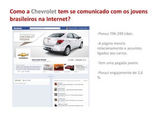 Como a Chevrolet tem se comunicado com os jovens
brasileiros na Internet?
-Possui 796.399 Likes.
-A página mescla
relacionamento e assuntos
ligados aos carros.
-Tem uma pegada jovem.
-Possui engajamento de 2,6
%.
 