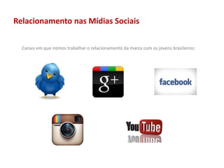 Relacionamento nas Mídias Sociais
Canais em que iremos trabalhar o relacionamento da marca com os jovens brasileiros:
 