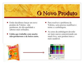 O Novo Produto Então decidimos lançar um novo produto da Yokitos –não gorduroso, de alta qualidade e sabores mais refinados. Linha  que trabalhe com snacks não-gordurosos e de baixo custo. Para resolver o problema da Yokitos, seria preciso modificar o nome e a embalagem. As cores da embalagem deverão ser mais suaves caracterizando um snack leve, sem gordura trans e mais saudável.  