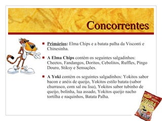 Concorrentes Primários :  Elma Chips e a batata palha da Visconti e Chinesinha. A Elma Chips  contém os seguintes salgadinhos: Cheetos, Fandangos, Doritos, Cebolitos, Ruffles, Pingo Douro, Stiksy e Sensações.  A Yoki  contém os seguintes salgadinhos: Yokitos sabor bacon e anéis de queijo, Yokitos estilo batata (sabor churrasco, com sal ou lisa), Yokitos sabor tubinho de queijo, bolinha, lua assado, Yokitos queijo nacho tortilha e naquinhos, Batata Palha. 