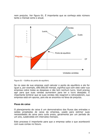 nem prejuízo. Ver figura 01. É importante que se conheça este número
tanto o mensal como o anual.



                                                            Vendas
              V                  Lucro
              e
              n                                                       Custo
              d
              a
              s




                                             Ponto de equilíbrio
 Prejuízo
                                                                              CF




                                                      Unidades vendidas



Figura 01 – Gráfico do ponto de equilibro.

Se no caso de sua empresa você calcular o ponto de equilíbrio e ele for
igual a, por exemplo, $90.000,00 mensal, significa que com este valor sua
empresa cobre todas as despesas e não tem nenhum lucro. Você precisa
agir para que suas vendas aumentem para ter o lucro desejado. É
importante lembrar que se suas vendas não reagirem e retrocederem, sua
empresa está em apuros, pois ela se encontra na faixa de prejuízo.


Fluxo de caixa

O planejamento de caixa é um demonstrativo dos fluxos das entradas e
saídas projetadas de caixa da empresa, usado para estimar suas
necessidades de caixa para curto prazo, geralmente por um período de
um ano, subdividido em intervalos mensais.

Este processo é importante para que a empresa saiba o que acontecerá
com suas contas no futuro.



                                                                                   4
 
